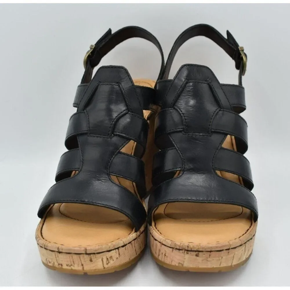 Born Womens Size 9 Bernese Cage Black Leather Wedge‎ Sandals Shoes